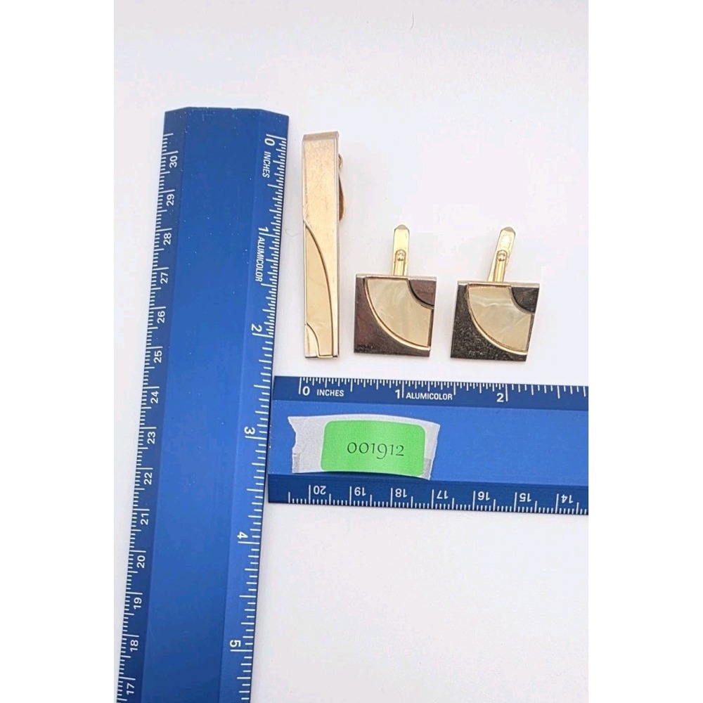 Vtg SWANK Mother of Pearl Inlay Tie Clip Bar & Cufflinks Set Gold Tone FREE $HIP - Picture 4 of 4